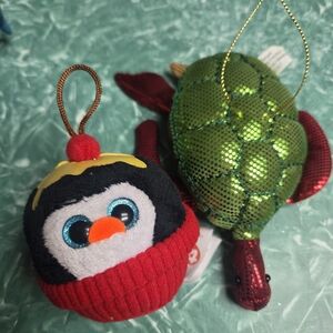 2014 TY Beanie Babie Gelato Penguin and 2017 Target Turtle Holiday Ornaments